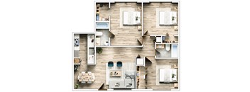 A top-down view of a house layout with a kitchen, living room, and bedrooms.