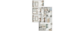 A floor plan of a house with a kitchen, living room, dining room, and bathrooms.