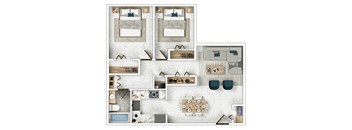A floor plan of a house with two bedrooms, a living room, a kitchen, a dining room, and a bathroom.