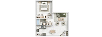 A top-down view of a bedroom with a bed, nightstand, and a table with a green cushion.