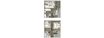 A floor plan of a two-bedroom apartment with a living room, kitchen, and bathroom.