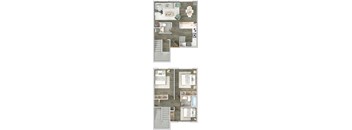 A floor plan of a two-story residential building with a living room, kitchen, and bedrooms.