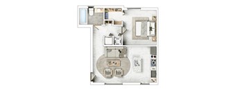 A top-down view of a living room with a couch, coffee table, and a kitchen area.