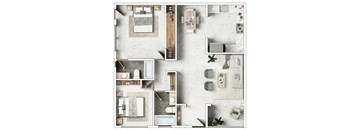 A top-down view of a modern, minimalist apartment layout.