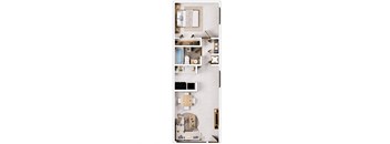 A top-down view of a small apartment with a kitchen, living room, and bathroom.