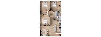 A floor plan of a house with two bedrooms, a living room, a kitchen, a dining room, and a bathroom.