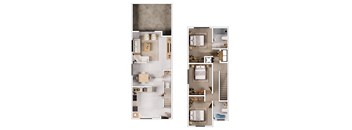 A floor plan of a two-story apartment with a living room, kitchen, dining room, and bedrooms.