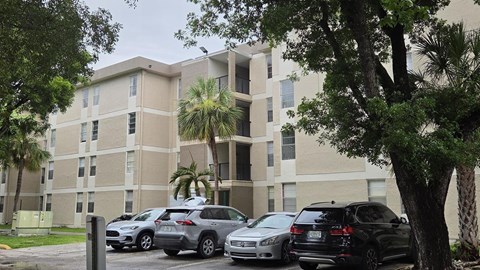 A parking lot with cars and a building with palm trees in front.