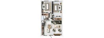 A top-down view of a room layout with furniture and decor.