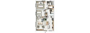 A floor plan of a house with a bedroom, living room, and kitchen.