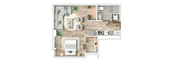 A floor plan of a house with a living room, kitchen, and bathroom.