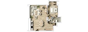A floor plan of a house with a dining area, living room, kitchen, and bathrooms.