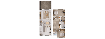 A floor plan of a house with two bedrooms, a living room, a kitchen, and a bathroom.