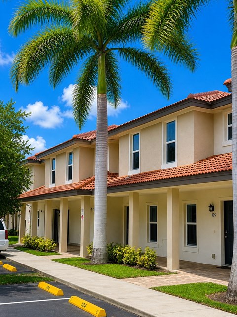 A row of houses with a palm tree in front.