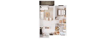 A floor plan of a modern apartment with a kitchen, living room, and bathroom.