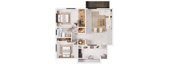 A top-down view of a house layout with multiple rooms and furniture.