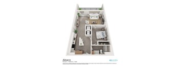 A floor plan of a one bedroom apartment with a living room, kitchen, and bathroom.