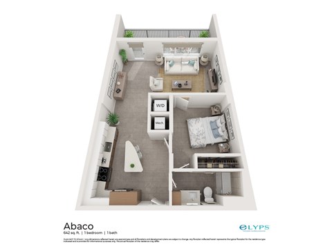 A floor plan of a one bedroom apartment with a living room, kitchen, and bathroom.