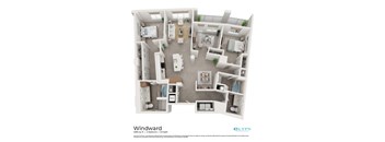 A floor plan of a two bedroom apartment with a living room, kitchen, and bathrooms.