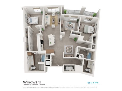 A floor plan of a two bedroom apartment with a living room, kitchen, and bathrooms.