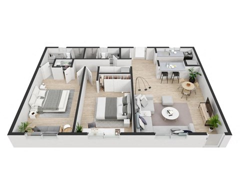 3d floor plan of a home with a bedroom and a living room