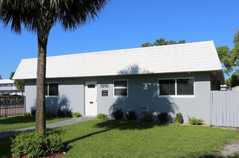 a white house with a palm tree in front of it