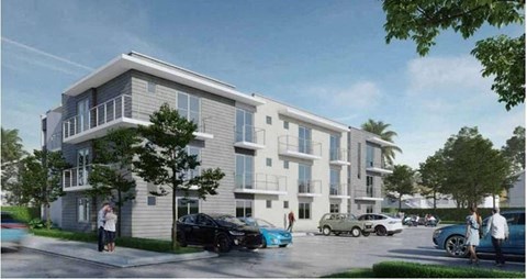 a rendering of a building with cars parked in front of it