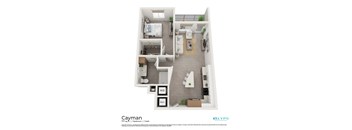 A floor plan of a Cayman apartment with a living room, kitchen, and two bedrooms.