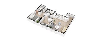 A 3D floor plan of a house with multiple rooms and furniture.