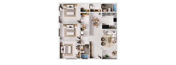 A collage of different room layouts with furniture.