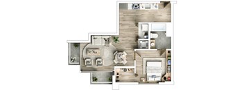 A top-down view of a house layout with a living room, kitchen, dining area, and bedrooms.