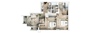 A floor plan of a house with a living room, kitchen, dining room, and bathrooms.