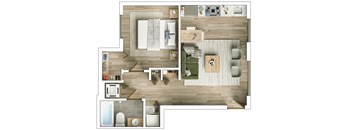 A top down view of a living room with a couch, a coffee table, and a rug.