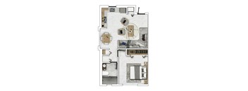 A floor plan of a house with a kitchen, living room, dining room, and bathroom.
