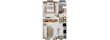 A top-down view of a bedroom with a bed, nightstand, and a table with a lamp.