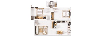 A top-down view of a well-organized kitchen and living room.