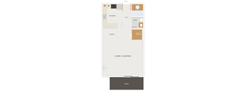 A floor plan of a house with a living room, kitchen, and bathroom.