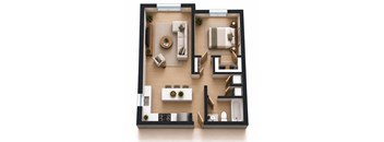 A top-down view of a modern apartment layout with a kitchen, living room, and bathroom.