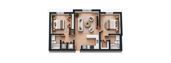 A top-down view of a house layout with a living room, kitchen, and bathrooms.