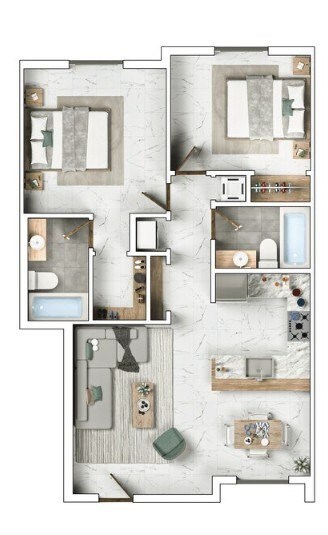 A floor plan of a house with a kitchen, living room, and two bedrooms.
