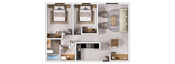 A collage of a bedroom with a bed, chair, and a table with a vase on it.