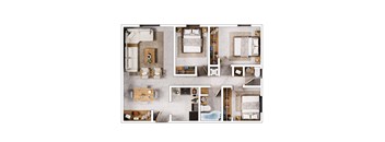 A top-down view of a modern, minimalist apartment with a kitchen, living room, and bedroom.