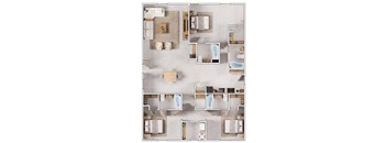 A top-down view of a house layout with multiple rooms and bathrooms.