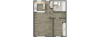A floor plan of a house with a kitchen, living room, dining area, bedroom, bathroom, and hallway.