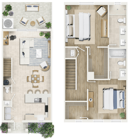 two floor plans of a house with a bedroom and a living room