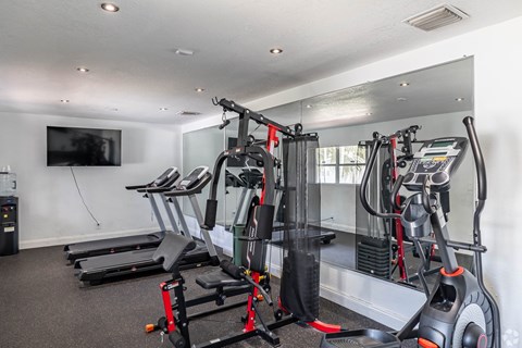 A gym with a row of treadmills and exercise bikes.