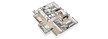 A 3D floor plan of a house with a kitchen, living room, and bedrooms.