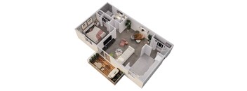 A 3D floor plan of a small apartment with a bedroom, living room, kitchen, and bathroom.