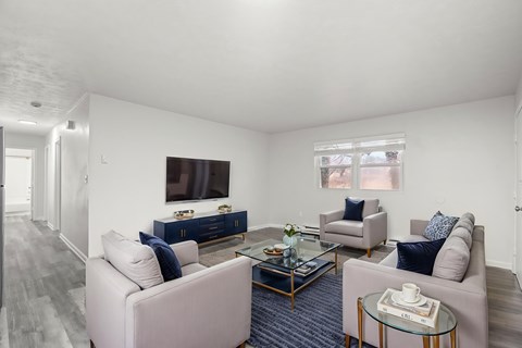 A living room with a grey couch, a blue sofa, a glass coffee table and a television on the wall.