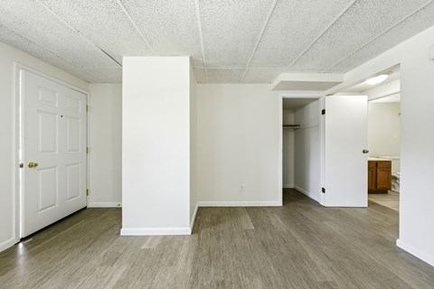 A white room with a wooden floor and a door.